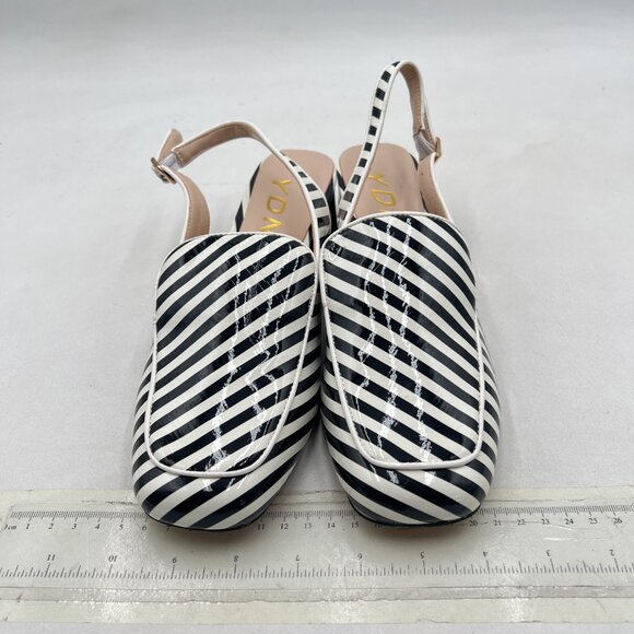 YDN Black Stripe Square Toe Block Low Heels Slingback Formal Loafer Dressy Pump - Picture 3 of 8